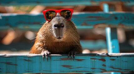 A playful capybara wearing red sunglasses leans on a blue wooden fence, creating a fun and whimsical scene.