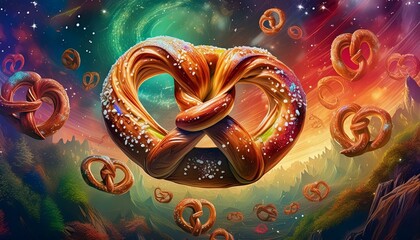 Giant pretzels drifting among twinkling stars and a swirling red and green nebula, creating