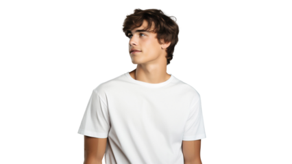 Portrait of handsome model wearing white T-shirt, take shot from side view, studio photo, isolated on transparent background