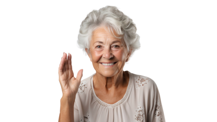 Portrait of a smiling elderly woman with raised hand, happy face of an old senior woman isolated on transparent background