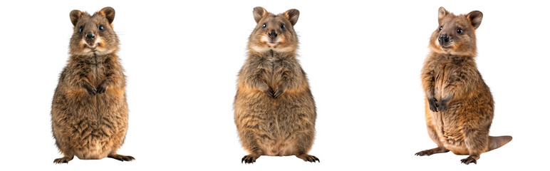 Obraz premium Three friendly cute Australian quokka, isolated on transparent background