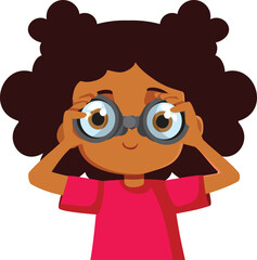 Little Girl of Black Ethnicity Spying with Binoculars Vector Illustration. Cheerful kid looking curious far into the distance 
