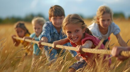 Fototapeta premium Kids play tug of war in sunny park. Summer outdoor fun activity. Group of mixed race children pull rope in school sports day. Healthy outdoor game for little boy and girl.