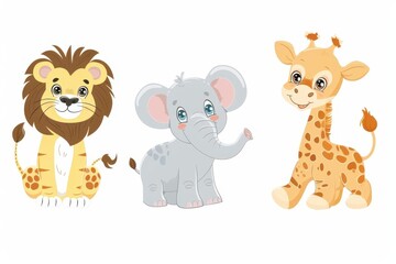 Obraz premium cute baby zoo animals featuring a lion cub elephant calf and giraffe cartoon vector illustration
