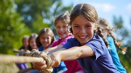 Kids play tug of war in sunny park. Summer outdoor fun activity. Group of mixed race children pull rope in school sports day. Healthy outdoor game for little boy and girl.