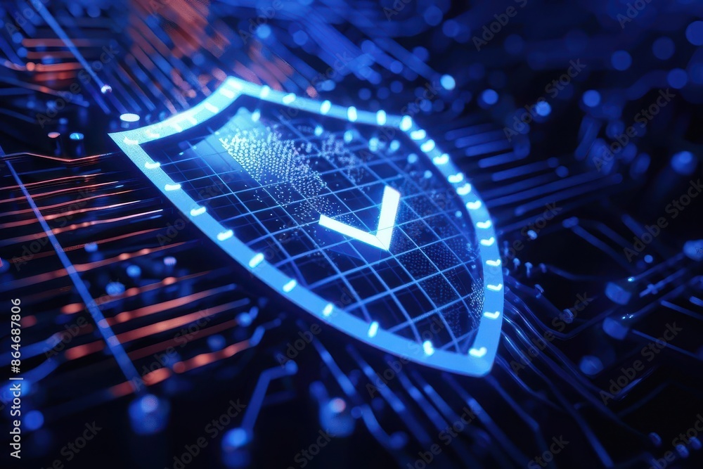 Aufkleber dark blue wireframe shield with checkmark symbolizing secure cybersecurity 3d icon
