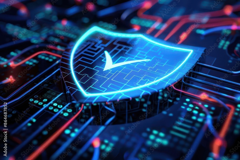 Aufkleber dark blue wireframe shield with checkmark symbolizing secure cybersecurity 3d icon
