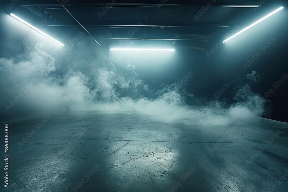 Poster dark concrete floor in empty studio room with floating smoke product display