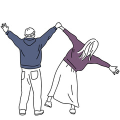 【手書きイラスト】カップル 手繋ぎ デート