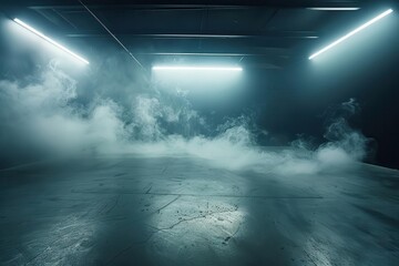 Naklejka premium dark concrete floor in empty studio room with floating smoke product display