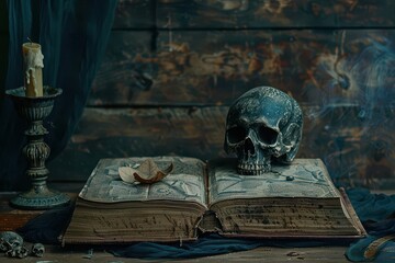 dark gothic vertical frame with antique book and skull digital painting