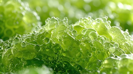 Abstract green particles of liquid Glowing orbs background. Shiny transparent gradient backdrop. Strong depth of field. 