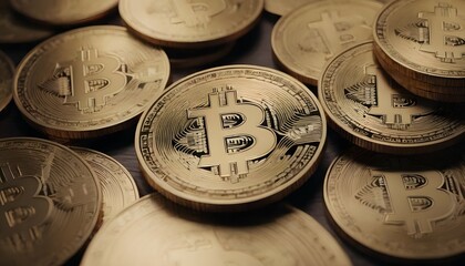 Golden Bitcoin coins. Cryptocurrency background concept. Close up golden bitcoin coin. BTC crypto coins. Digital currency