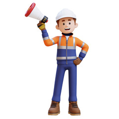 3D Construction Worker Character Holding Megaphone