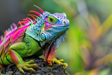 Fototapeta premium Vibrant Green Iguana in Colorful Tropical Setting