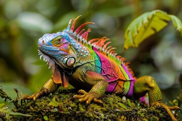 Obraz premium Vibrant Iguana on Mossy Ground