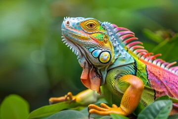 Fototapeta premium Vibrant Green Iguana in a Lush Tropical Environment