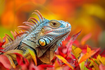 Green Iguana in Autumn Leaves