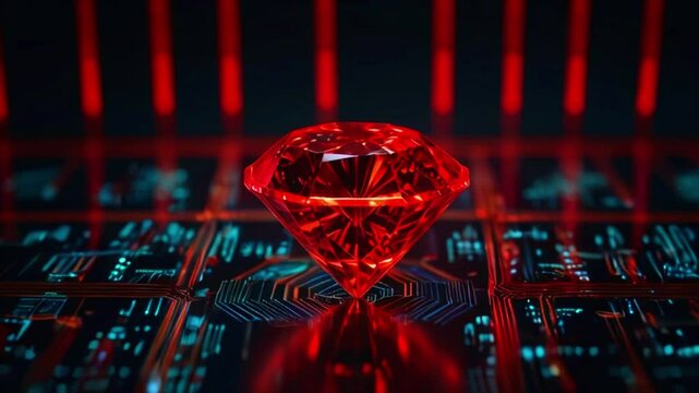 A red diamond sits on a circuit board with red lighting in the background.