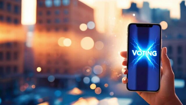 A hand holding a smartphone with the word "VOTING" on the screen.