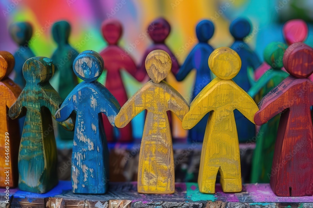 Poster diverse wooden figures holding hands symbolizing unity and inclusion colorful abstract background