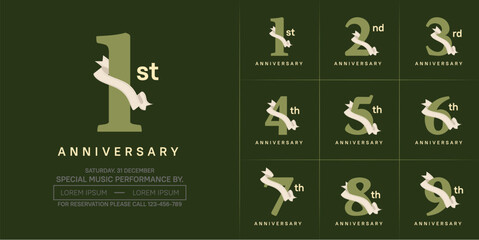 anniversary logotype set vector, green color and white ribbon for special day celebration