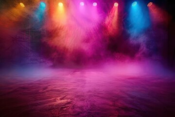 Fototapeta premium dramatic empty stage with colorful spotlights and smoke performance concept