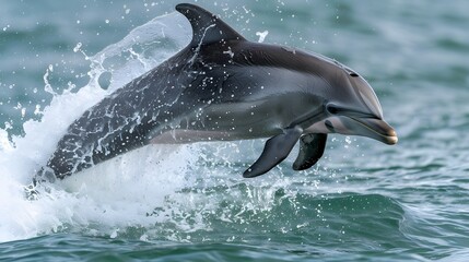 Fototapeta premium beautiful cloudy seascape in daylight and two happy dolphins jumping out from blue curly breaking surfing wave