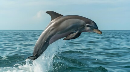 Obraz premium beautiful cloudy seascape in daylight and two happy dolphins jumping out from blue curly breaking surfing wave