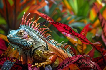 Fototapeta premium Vibrant Iguana Among Colorful Foliage