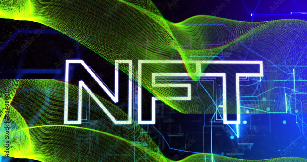 Poster image of nft text over moving shapes