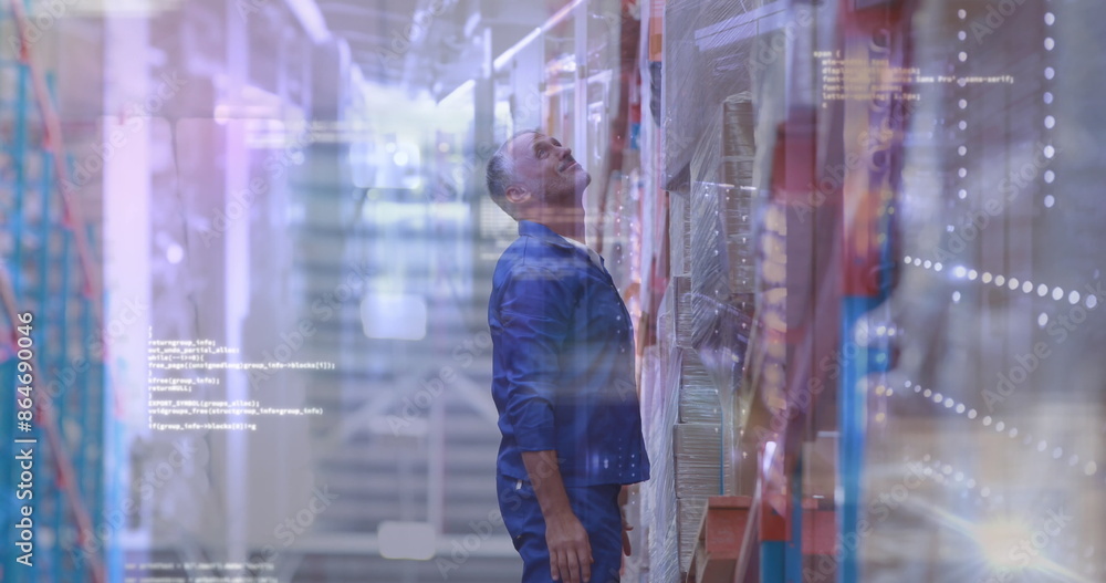 Poster image of data processing over caucasian worker in warehouse