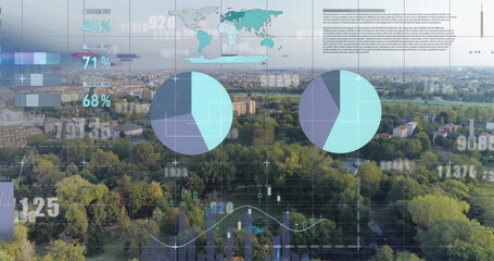Image of data processing over landscape with construction site