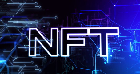 Image of data processing over glowing computer circuit board on blue background