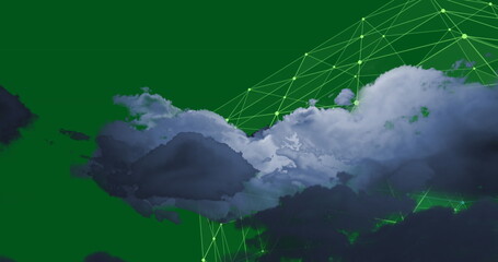 Image of clouds with data processing and connections on green background