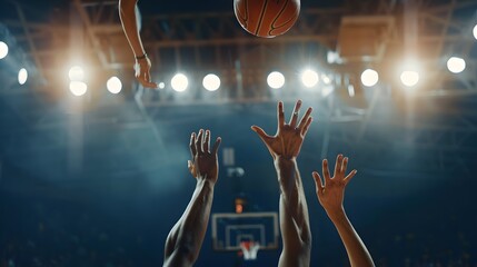 Two people reaching for the basketball at the opening tipoff of a basketball game.