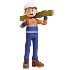 3D Construction Worker Character Carrying Wood Planks on Shoulder