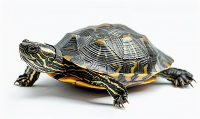 Obraz premium Close-Up Of A Red-Eared Slider Turtle In Front Of A White Background
