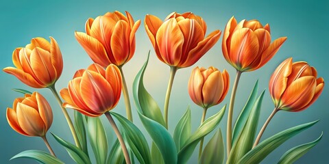 Fototapeta premium Vibrant orange tulips with delicate petals and slender stems sway against a soft blue-green background in an elegant, ornate Art Nouveau-inspired illustration.