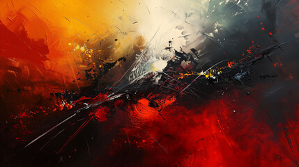 An abstract painting with light-dark contrast, red-yellow tones, and a futuristic vibe, black lines, dark colors, and paint splashes create a high-detail, fast-paced scene with sharp angles and spaces