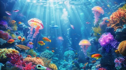 vibrant underwater scene with fantastical sea creatures bioluminescent jellyfish colorful coral reefs and schools of exotic fish dreamy ethereal atmosphere with shimmering light rays