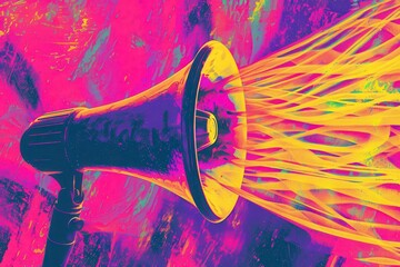 vintage megaphone emitting vibrant sound waves against a psychedelic swirl of neon pink and yellow with grainy texture and bold retro typography