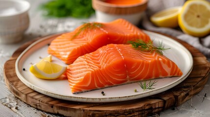 Fresh Salmon Fillet on Wooden Board with Lemon and Dill Garnish