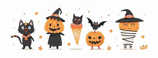ハロウィンのかぼちゃと黒猫のイラスト