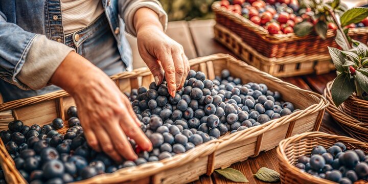 Hand picking fresh blueberries - Powered by Adobe