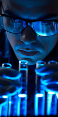 Análise de líquido azul em tubo de ensaio por técnico de laboratório