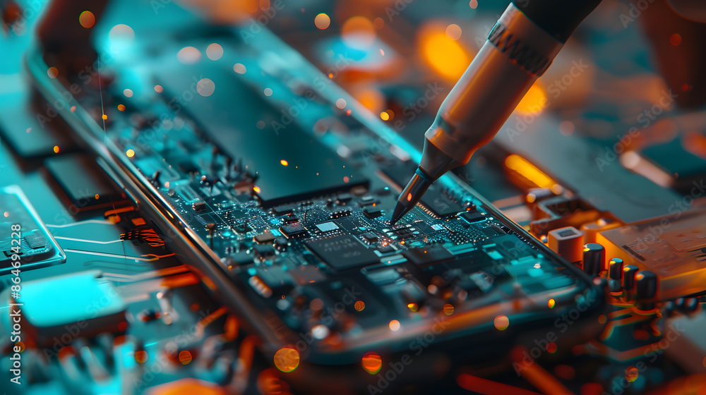 Poster the abstract image of the technician assembling inside of smartphone by screwdriver in the lab. the 