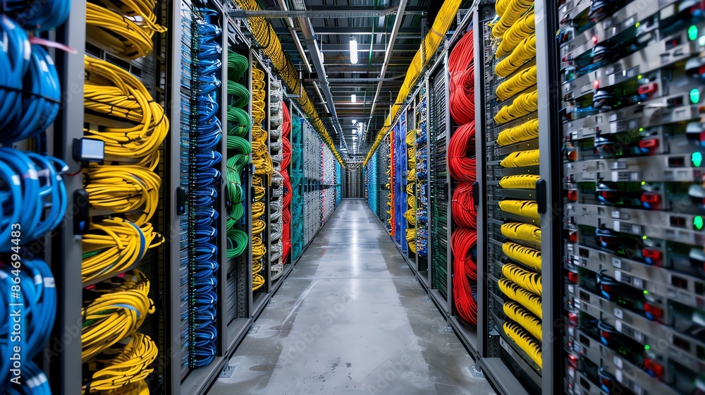 Poster modern data center with rows of network servers and colorful cables, concept of cloud computing, big