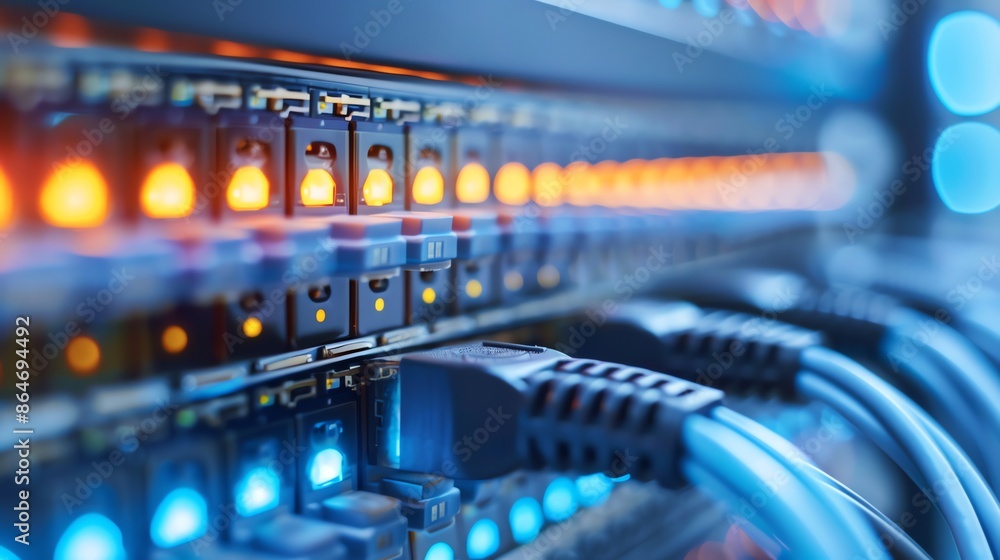 Aufkleber network server equipment in data center with glowing lights. concept of cloud computing, big data, i