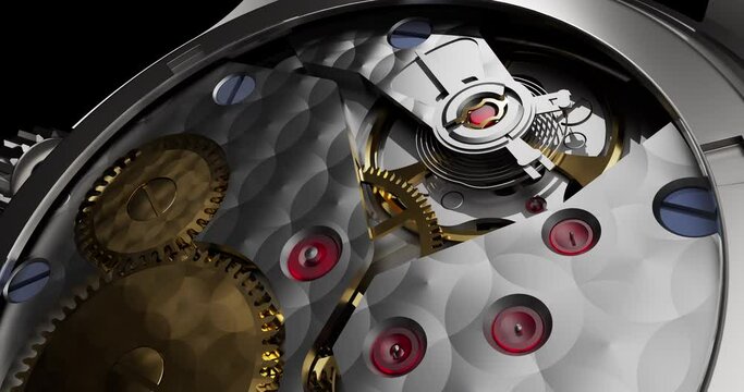 Close Up View of A Working Automatic Watch Internal Movement. Balance Wheel And Pallet Fork. Close Up Macro Shot. Luxury Watch Related 3D Animation.